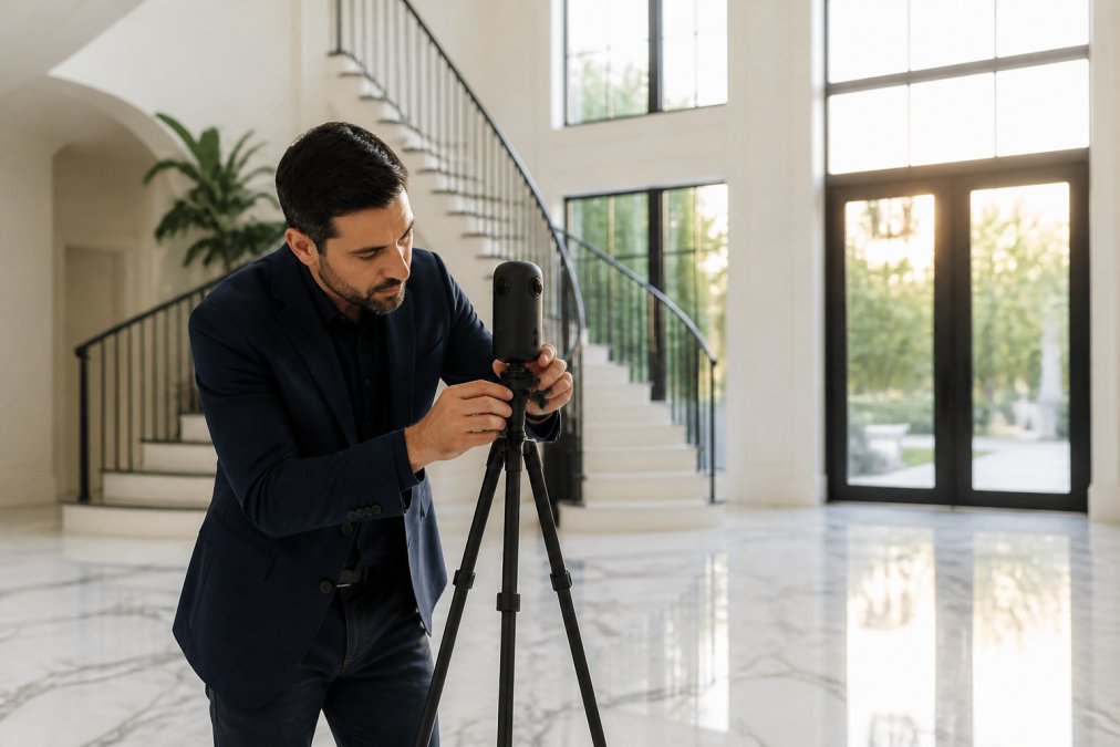A real estate agent adjusting a 3D camera on a tripod in the marble foyer of a large luxury home, late afternoon light through tall windows