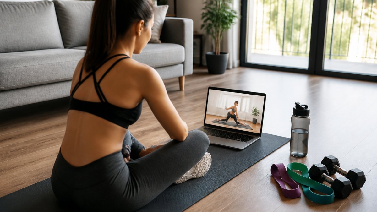 A beginner in athletic wear following a workout video on a laptop in a living room, with a yoga mat, resistance bands, and a water bottle nearby