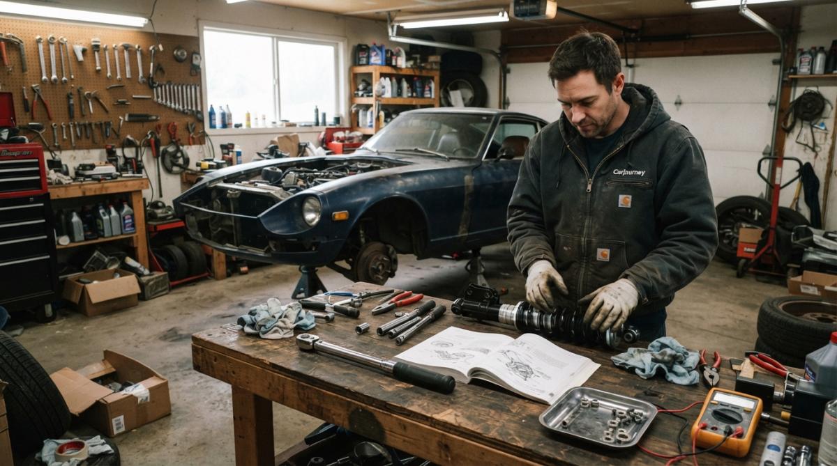 Project car builder photographing their engine work and parts with a smartphone to document modifications in a garage workspace, natural light streaming through the garage door, surrounded by tools and parts