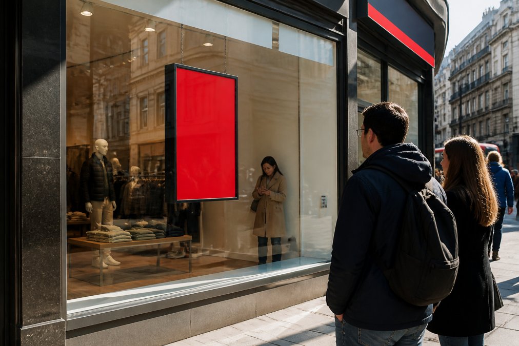 A retail shop window on a busy high street with a suspended double-sided digital screen showing a bright red promotion, sunlight falling directly on the glass, pedestrians glancing at the outward-facing panel while a shopper inside reads the inward-facing one