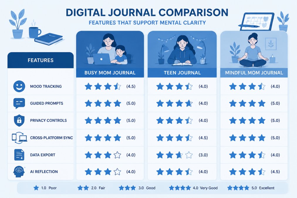 Comparison matrix of features for digital journals including mood tracking, privacy, and AI reflection tools.