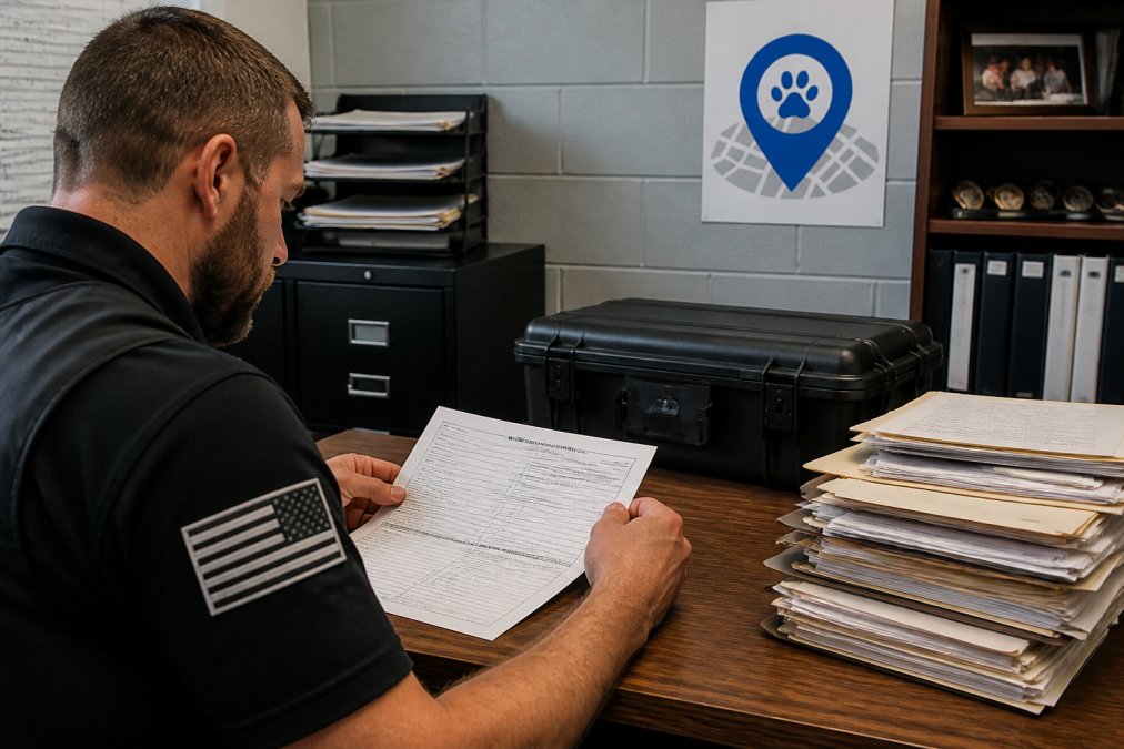 Police K9 handler reviewing training logs and certifications on a tablet using digital K9 management tools