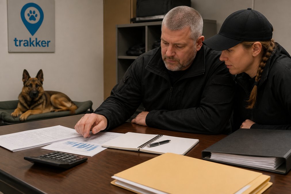 A K9 unit supervisor and a handler reviewing a laptop together in a police department office, with a German Shepherd resting nearby on a department-issued bed