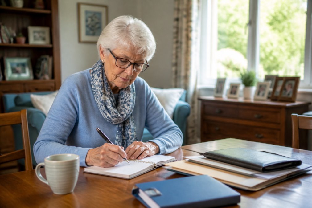Older adult sitting at home desk with notebook and laptop, reviewing online accounts and making handwritten notes about digital assets, natural window lighting, organized workspace