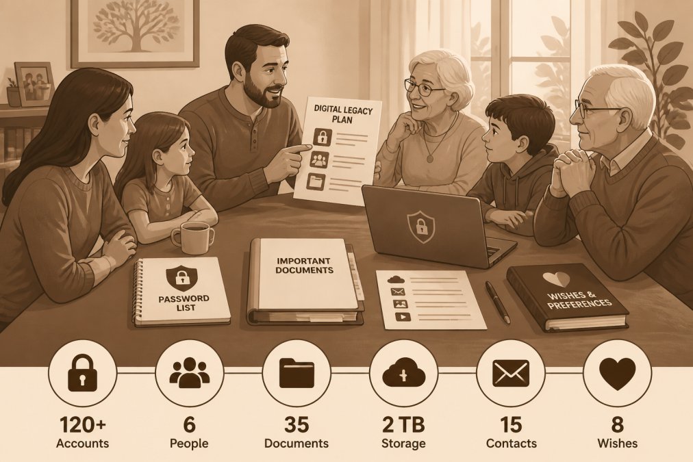 Multigenerational family gathered around dining table with documents and laptop, adult explaining digital legacy planning materials to younger family members, warm natural lighting, comfortable home setting
