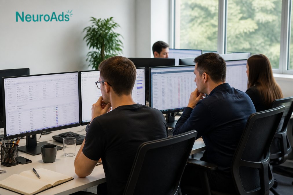 Marketing team analyzing performance metrics at a digital marketing and advertising company office
