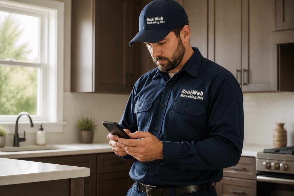 HVAC technician in uniform checking mobile phone while standing in residential home kitchen, natural daylight from window, professional focused expression