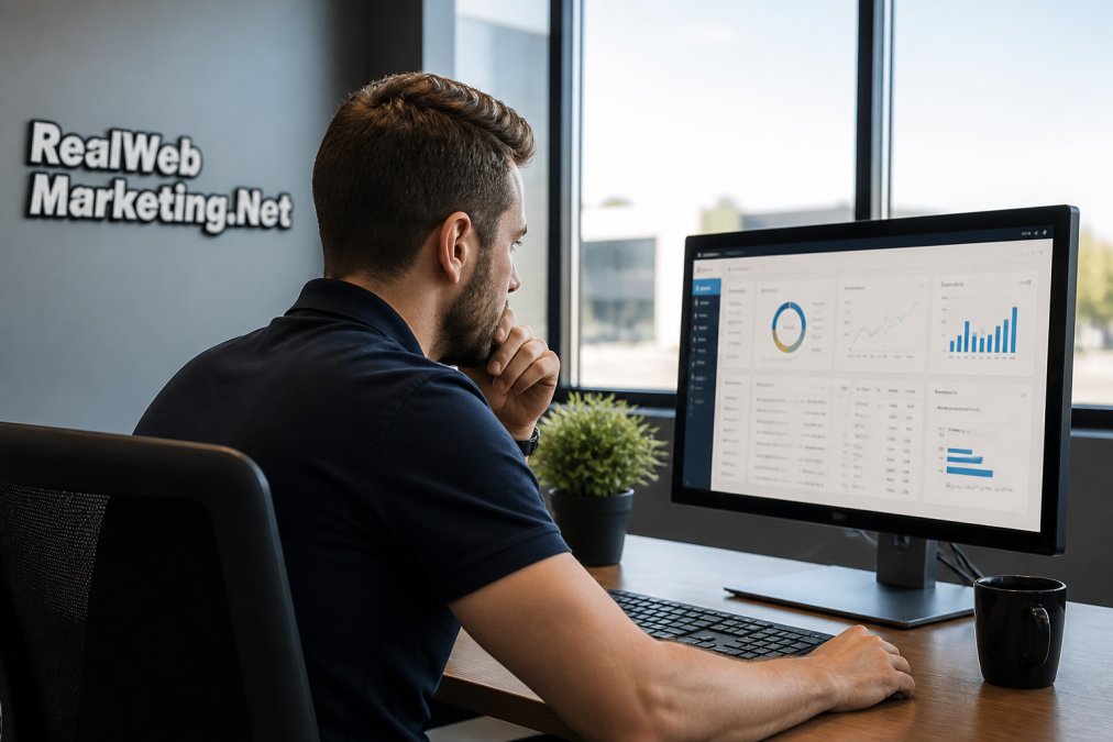 Business owner reviewing marketing analytics dashboard on computer screen in modern office, natural window lighting, focused expression studying performance metrics