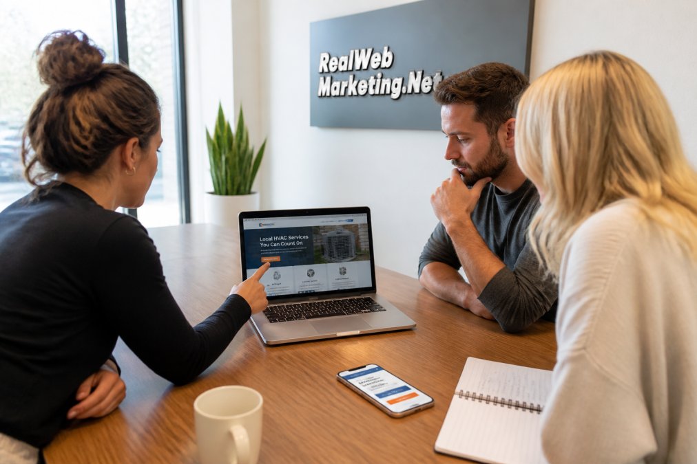 A marketing team reviewing HVAC website analytics on a laptop screen in a bright office, with a smartphone on the desk showing a mobile service booking page