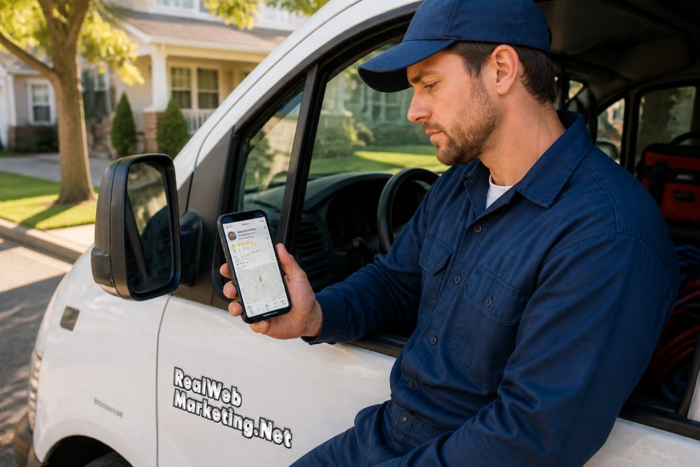 A plumber in a blue uniform checking his phone showing a Google Business Profile with five-star reviews and a map listing, parked in a white service van outside a residential home on a sunny suburban street
