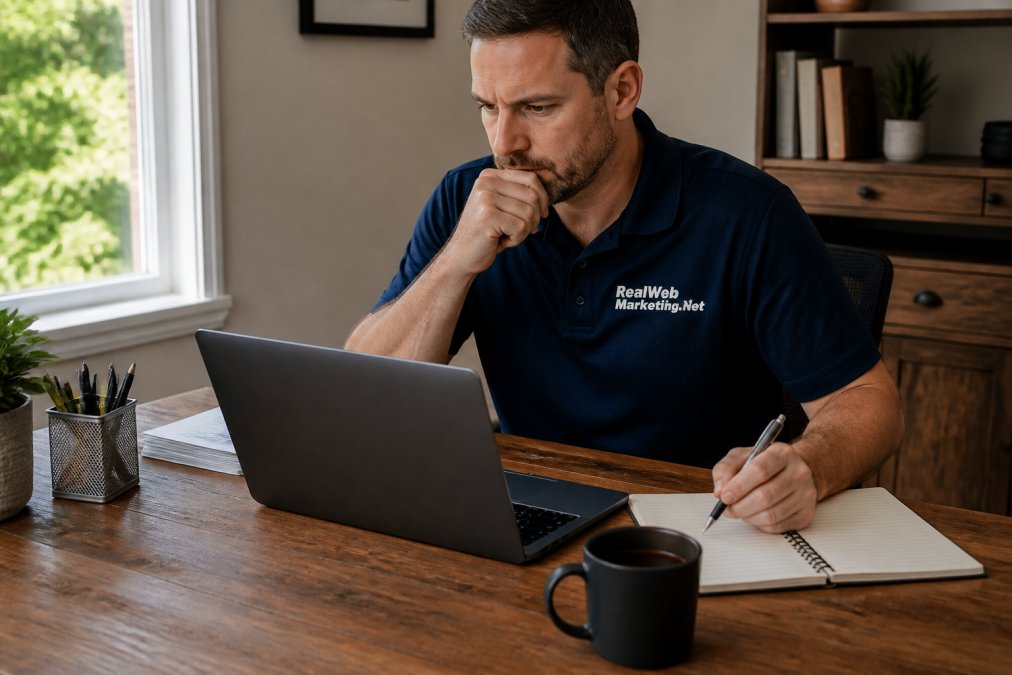 A small business owner in a home office sitting at a wooden desk reviewing lead analytics on a laptop, notepad open beside a coffee mug, warm natural light from a nearby window