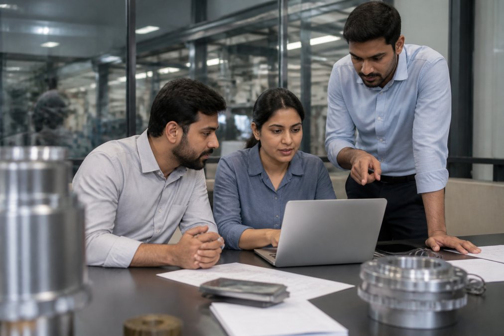 Manufacturing team reviewing digital analytics and performance metrics on a laptop in a modern office setting, with colleagues discussing strategy and pointing at dashboard insights
