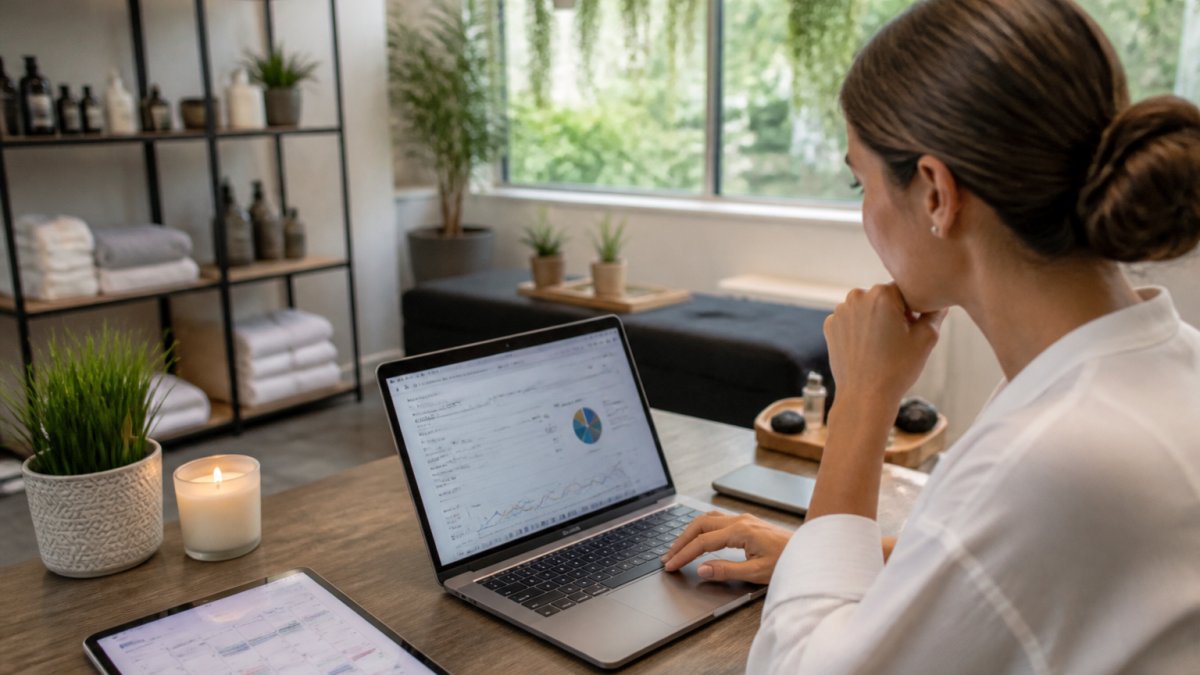 A wellness studio owner at a desk reviewing email campaign performance on a laptop, with a tablet showing a client booking calendar nearby in a bright modern office
