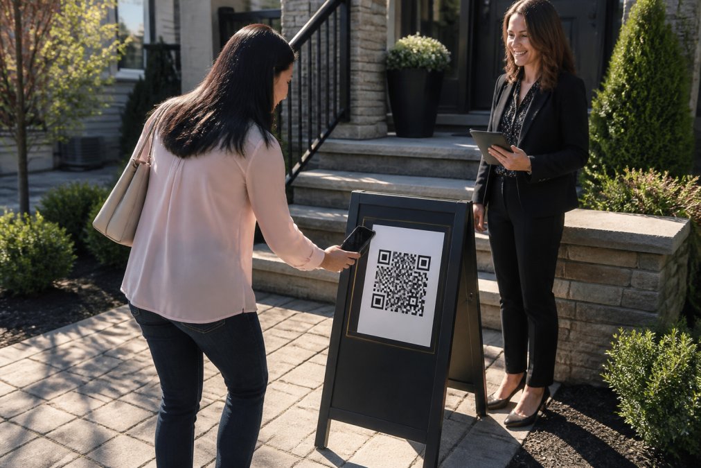 Real estate agent holding a smartphone outside a residential property, with a visitor scanning a QR code displayed on a branded a-frame sign at the front entrance on a sunny day