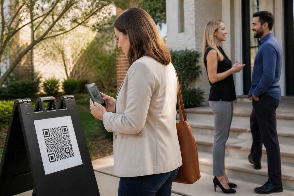 Real estate agent seated at a desk in a bright office, looking at a laptop screen displaying CRM software with visitor data, while simultaneously receiving a text notification on their smartphone about a new open house registration