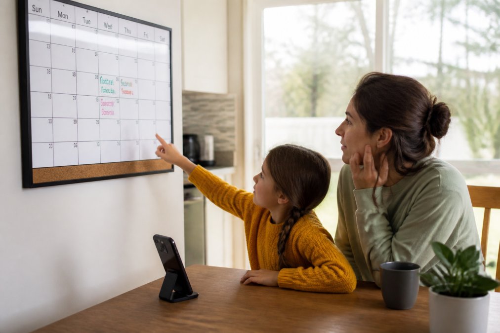 Parent and child reviewing a shared family calendar and smartphone to coordinate schedules in a bright kitchen