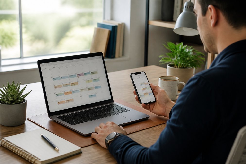 Professional working at ergonomic desk with laptop and smartphone displaying synchronized digital planner, natural office lighting with calendar visible on both screens