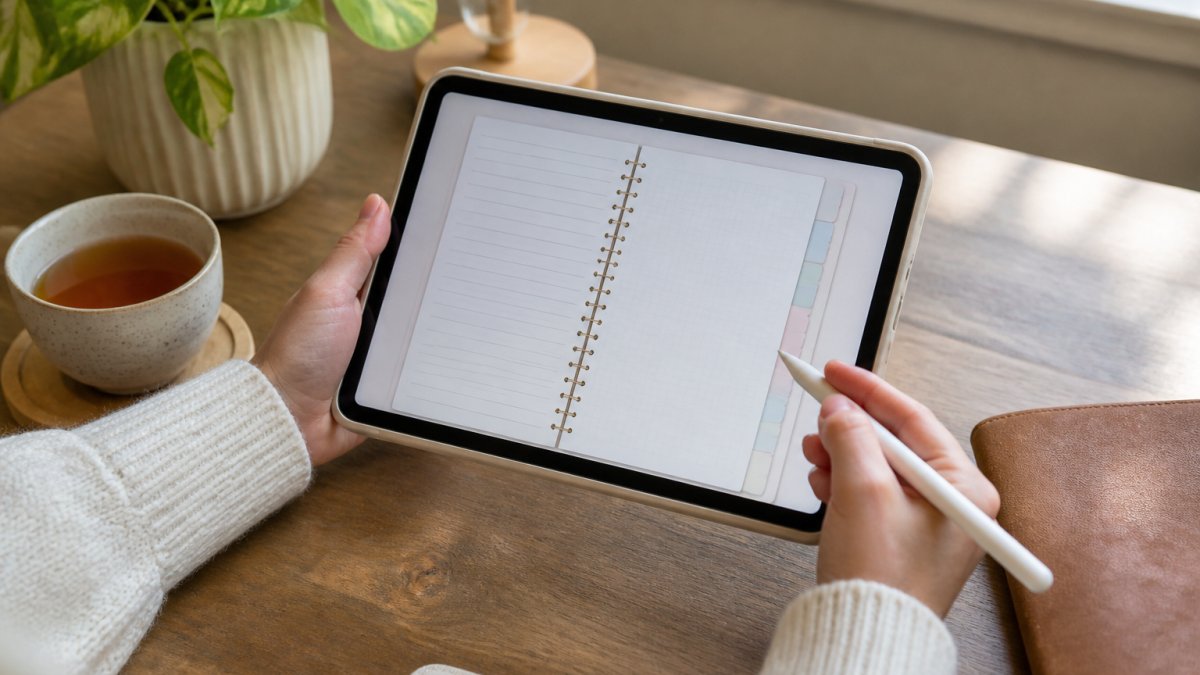 Close-up of hands holding a tablet with a stylus, a digital planner page with tabs visible on screen, a cup of tea and a small plant on a wooden desk in soft natural light