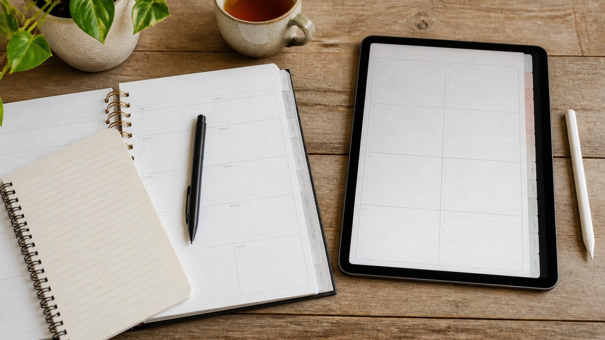 Overhead shot of a calm wooden desk with an open paper planner and notebook on one side and a tablet showing a digital planner on the other, a cup of tea and a small potted plant nearby, soft natural light