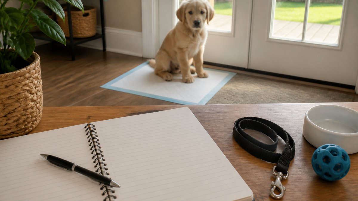 A young puppy sitting by a back door on a puppy pad, with a printed schedule and pen on a nearby table in a bright home