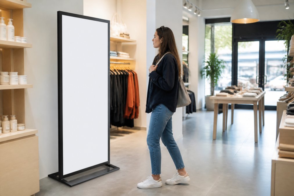 A shopper pausing to look at a slim freestanding digital poster totem inside a bright modern boutique, shelves of products visible in the background