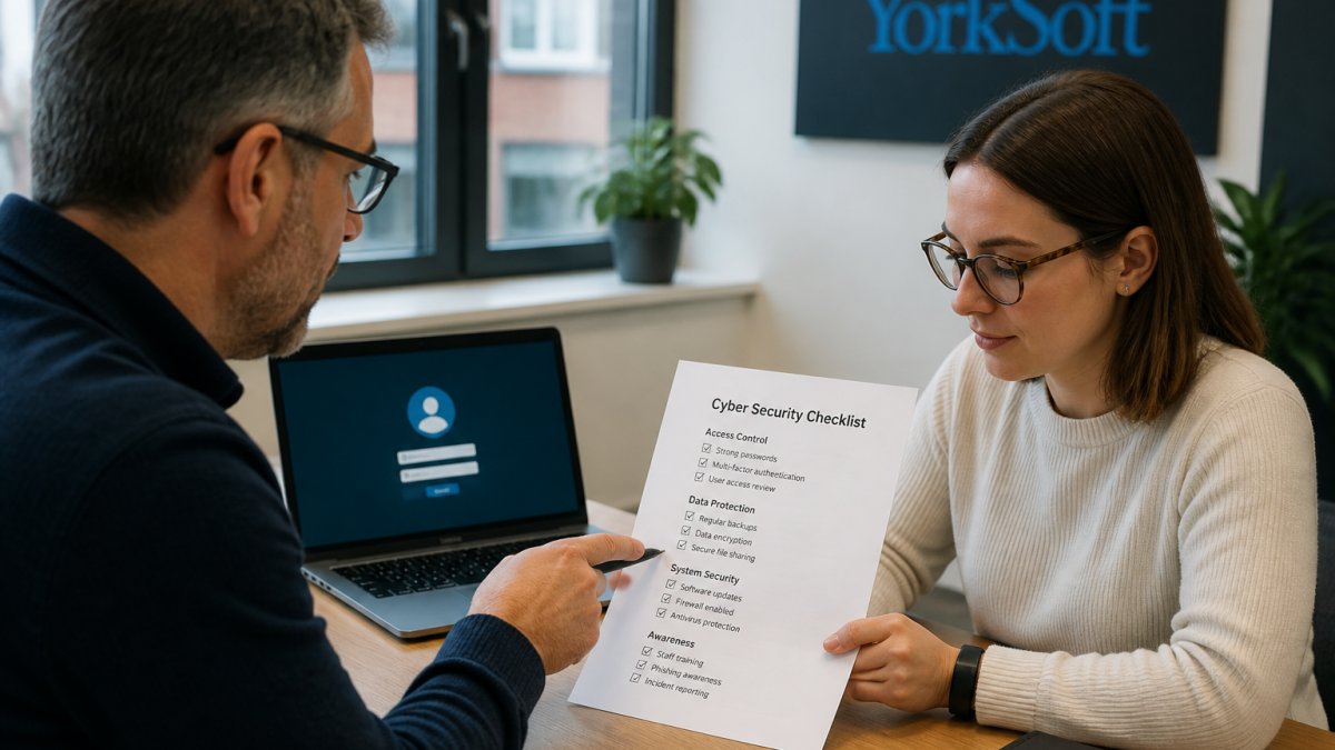 A small business owner and an IT adviser reviewing a printed security checklist together at a desk in a bright UK office, laptop showing a login screen in the background