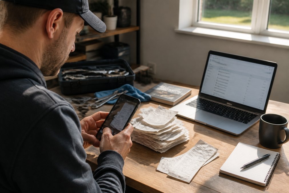 Step-by-step guide showing how to scan paper receipts into digital service records using a smartphone