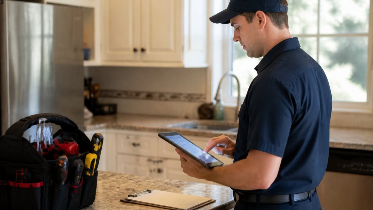 Uniformed technician in a homeowner's kitchen, documenting completed maintenance work on a tablet with visible date and time stamps, professional attire and clipboard visible on countertop