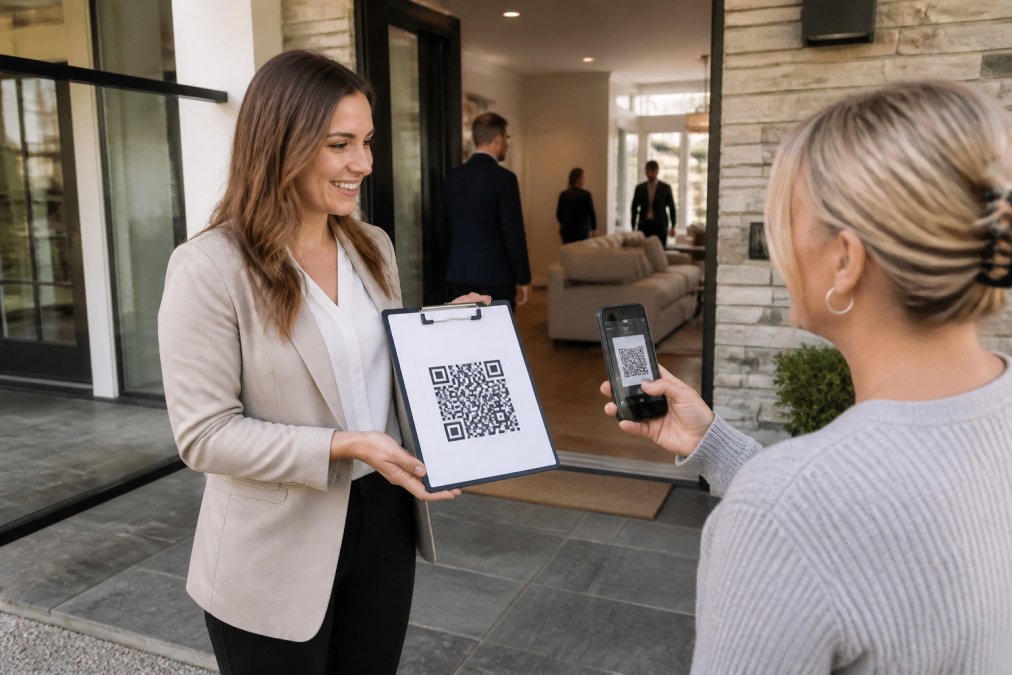 Real estate agent at open house entrance holding tablet displaying QR code, visitor in background scanning code with smartphone, professional office setting with natural lighting