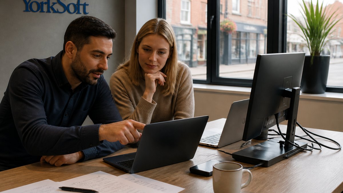 A small business owner and a developer reviewing an automated workflow on a laptop in a modest Northampton office, printed process notes and a coffee cup on the desk