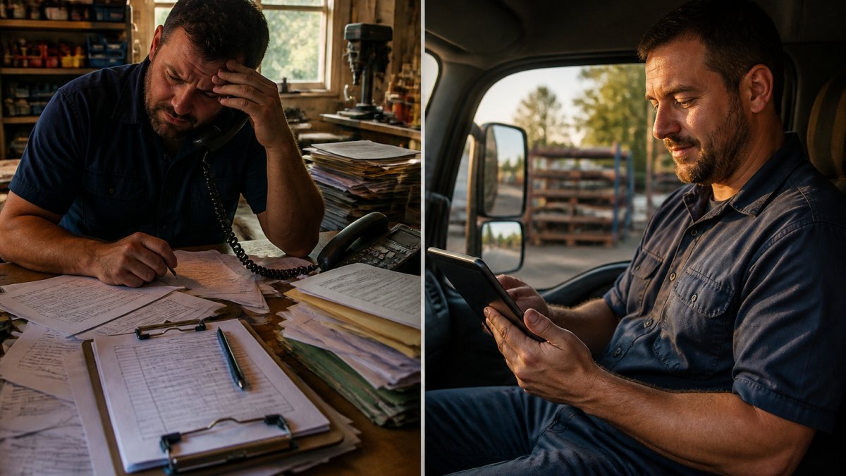 Contractor overwhelmed by paper work orders compared to using a tablet for efficient trade management in a truck