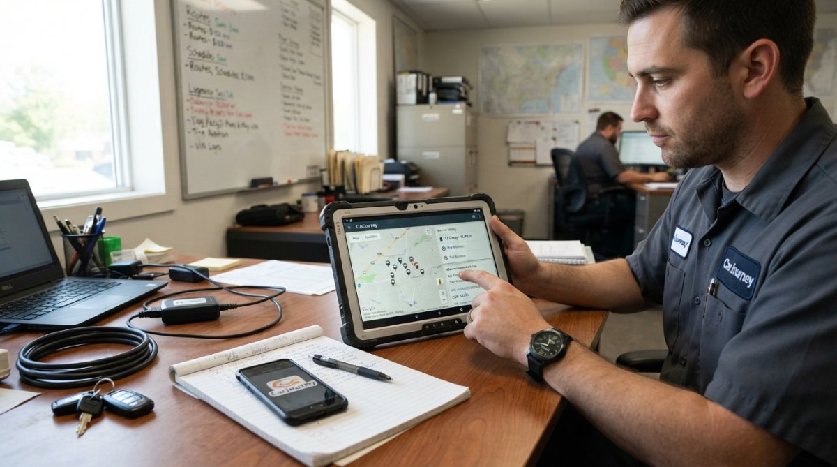 Fleet manager reviewing vehicle maintenance alerts and real-time GPS location data on a tablet in a modern office setting with natural lighting