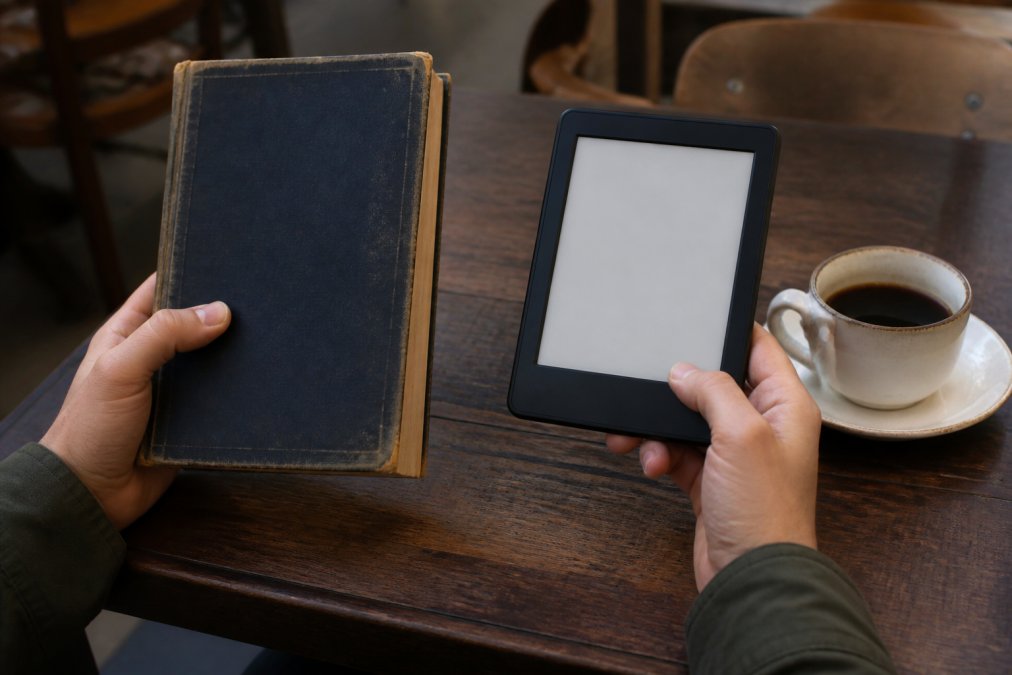 Infographic comparing digital vs physical reading formats with a book and e-reader on a wooden table.