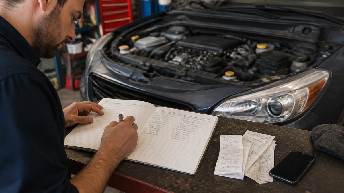Person in a garage writing in a logbook to practice car maintenance record keeping beside an open-hood vehicle