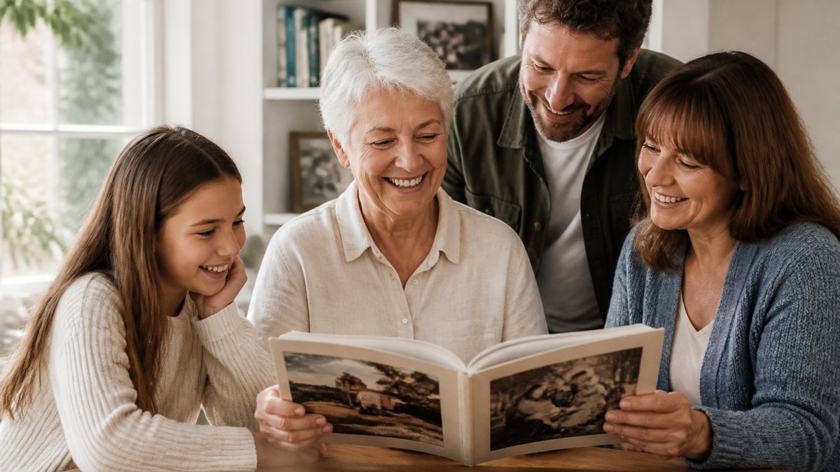 Older person smiling while holding an open printed photo book at a table, with family members gathered around looking at the photos together, warm natural lighting from a nearby window