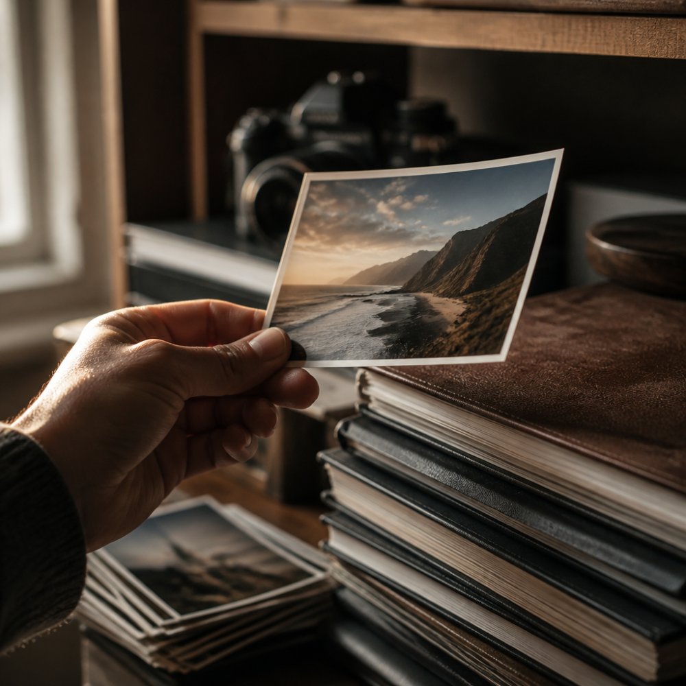 Hand holding a printed photograph in soft natural light, showing detail and texture of the physical print, with photo albums stacked nearby on a wooden shelf
