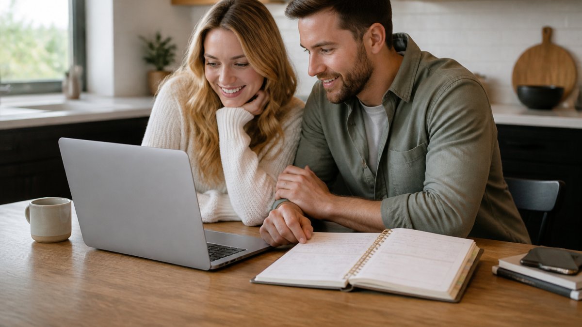 A couple sitting at a kitchen table with a laptop open to a digital wedding planner and a paper planner notebook beside it, both looking at the screen together