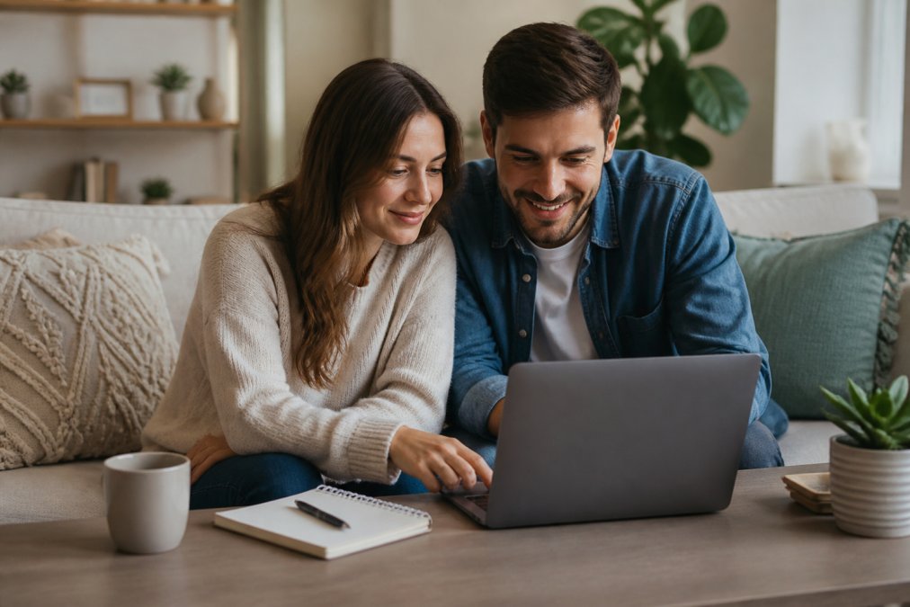 Engaged couple sitting together on a couch, reviewing guest list on a laptop with notebook and pen nearby, both smiling and collaborating