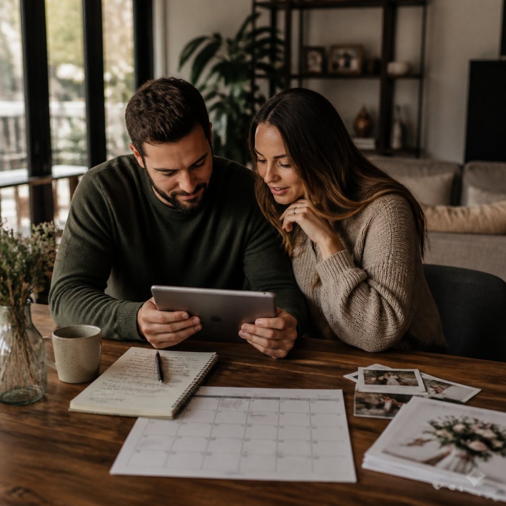 Couple reviewing wedding planning details on a tablet at home, with handwritten notes and calendar visible on wooden table in soft natural light