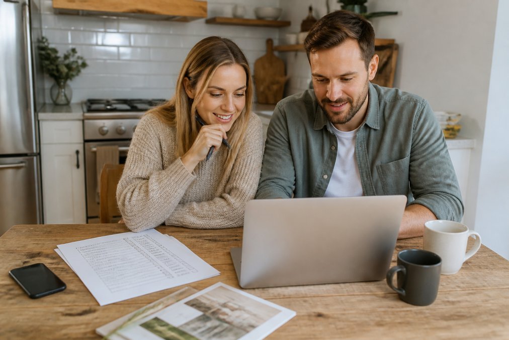 A couple sitting at a kitchen table with a laptop open to a wedding planning dashboard, a printed checklist beside it, and coffee cups nearby, discussing plans together in a bright home setting