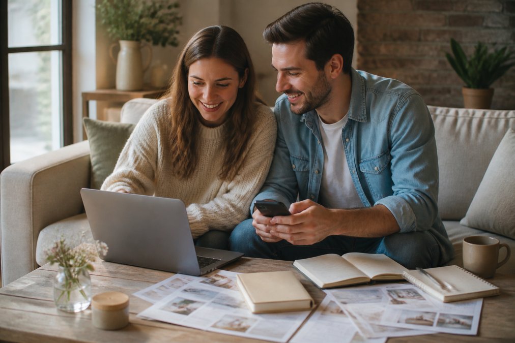 Engaged couple sitting together on a couch, reviewing wedding details on a laptop and smartphone side by side, with notes and planning materials visible nearby, warm natural lighting from window