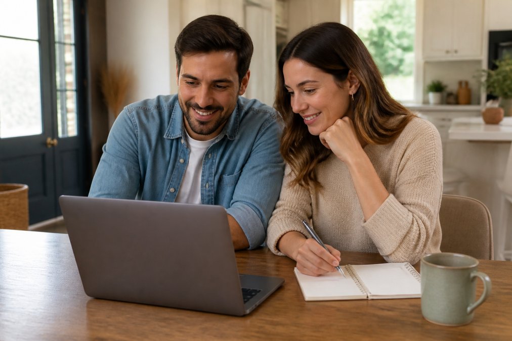 Engaged couple sitting at a dining table with a laptop, reviewing their guest list and seating assignments together, with a notepad and pen nearby