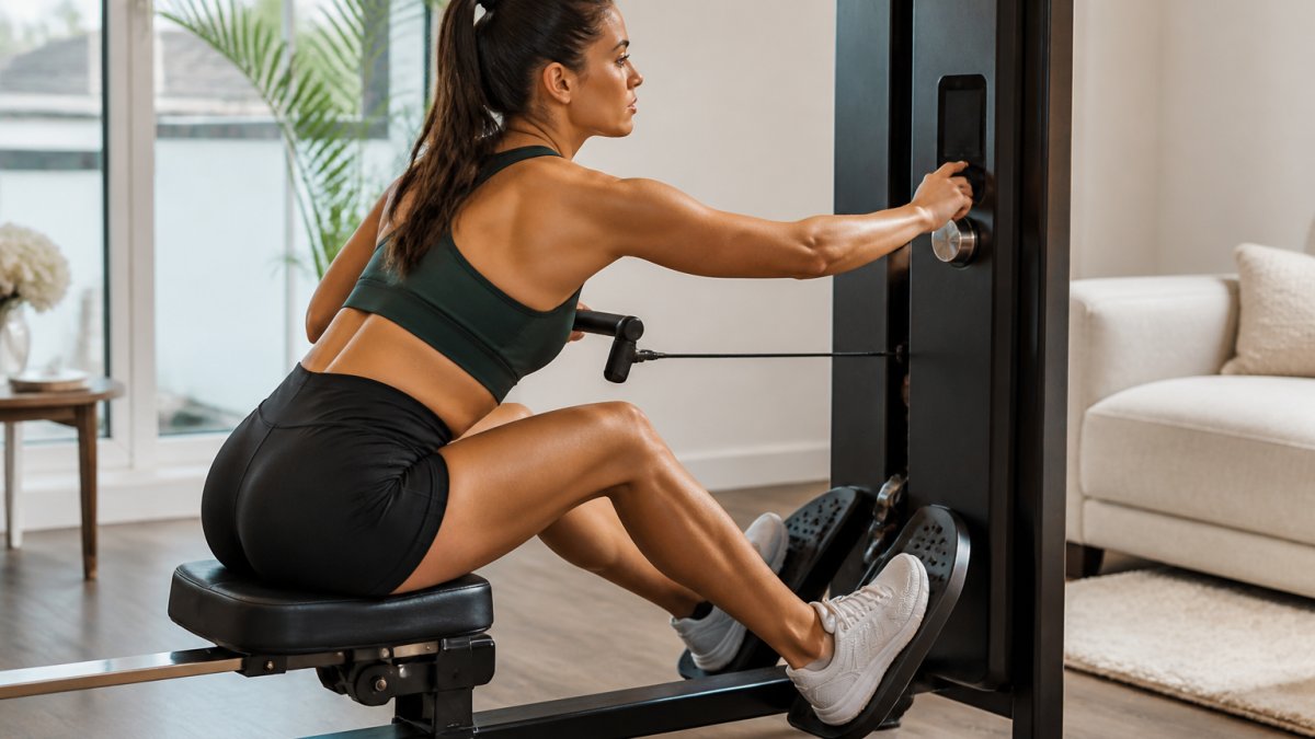 Person adjusting digital resistance settings on a home gym machine's touchscreen display while positioned for a strength training exercise in a bright home workout space