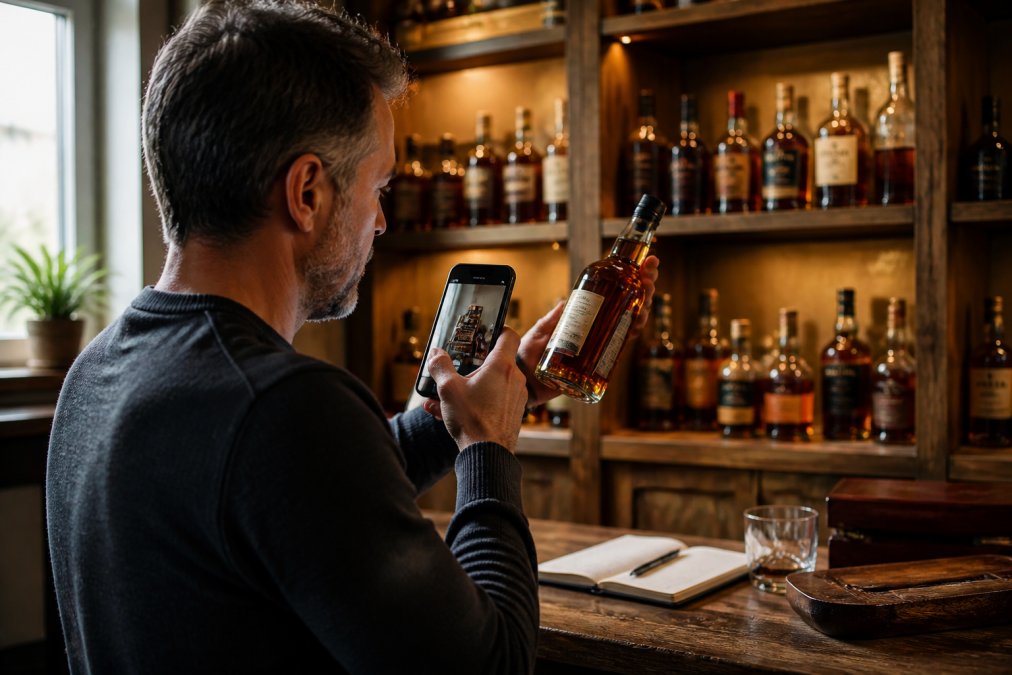 A person in their 40s holding a whiskey bottle up to a phone camera to scan the label, with a wooden shelf of bourbon bottles behind them in a warmly lit home bar