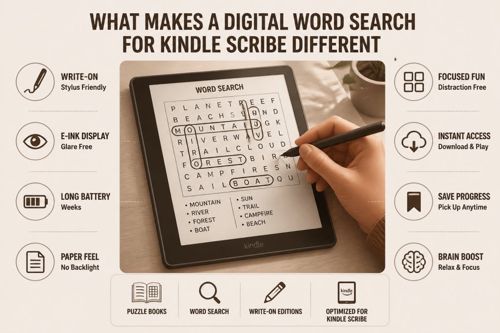 Close-up of a person's hand holding a stylus and circling words on a Kindle Scribe word search puzzle, resting on a wooden table with soft natural light