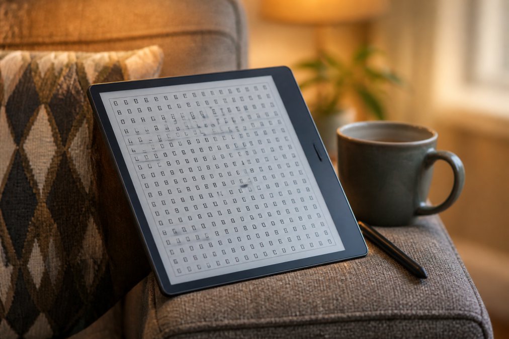 A Kindle Scribe device propped on a couch armrest displaying a word search grid, with a stylus resting beside it and a cup of coffee in the background, warm indoor lighting