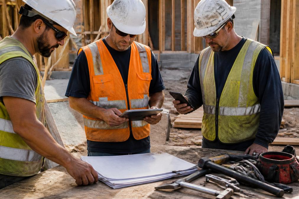 Construction crew members using mobile devices and tablets on a jobsite, collaborating with digital work orders displayed on screens