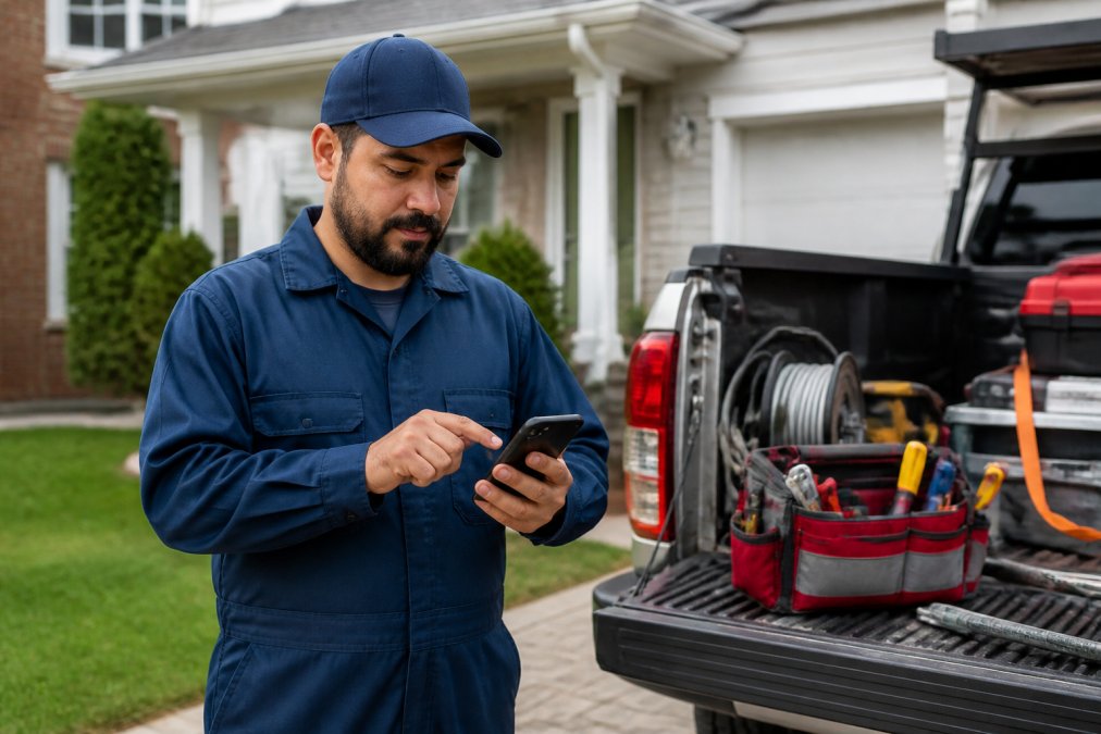 Field technician in work uniform reviewing a digital work order on a smartphone at a residential job site, with tools and equipment visible in the truck bed behind them, natural daylight