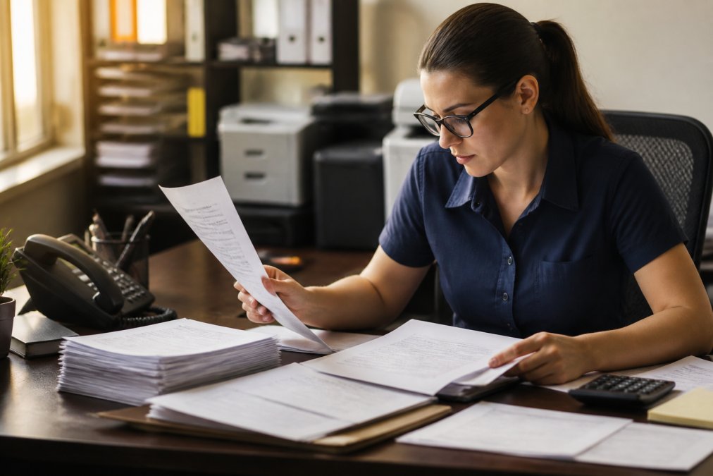 Office administrator at a desk reviewing digital invoices and payment records on a computer monitor, with invoice printouts and payment confirmations visible on the desk surface, warm office lighting