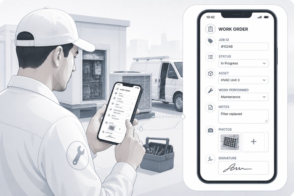 Field technician in work uniform using a smartphone on a job site to complete a work order form, with the phone screen visible showing digital fields being filled out and the device held at a comfortable working angle